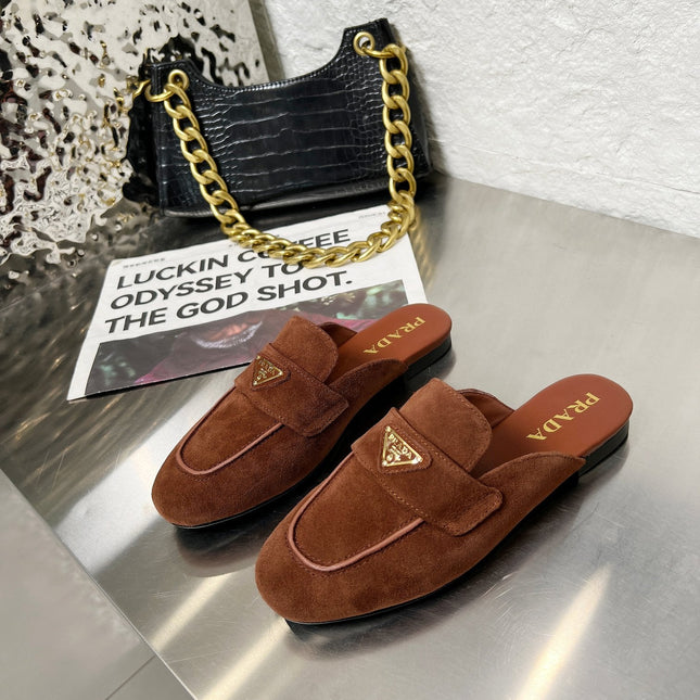 PRADA 26S MULE LOAFERS IN CHOCOLATE BROWN SUEDE WITH LOGO