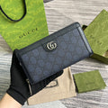 OPHIDIA GG 19 ZIP AROUND WALLET DARK BLUE CANVAS AND BLACK CALFSKIN