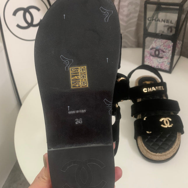 CHANEL 26S STRAPPY SANDALS IN BLACK VELVET WITH ROPE SOLE GOLD HARDWARE