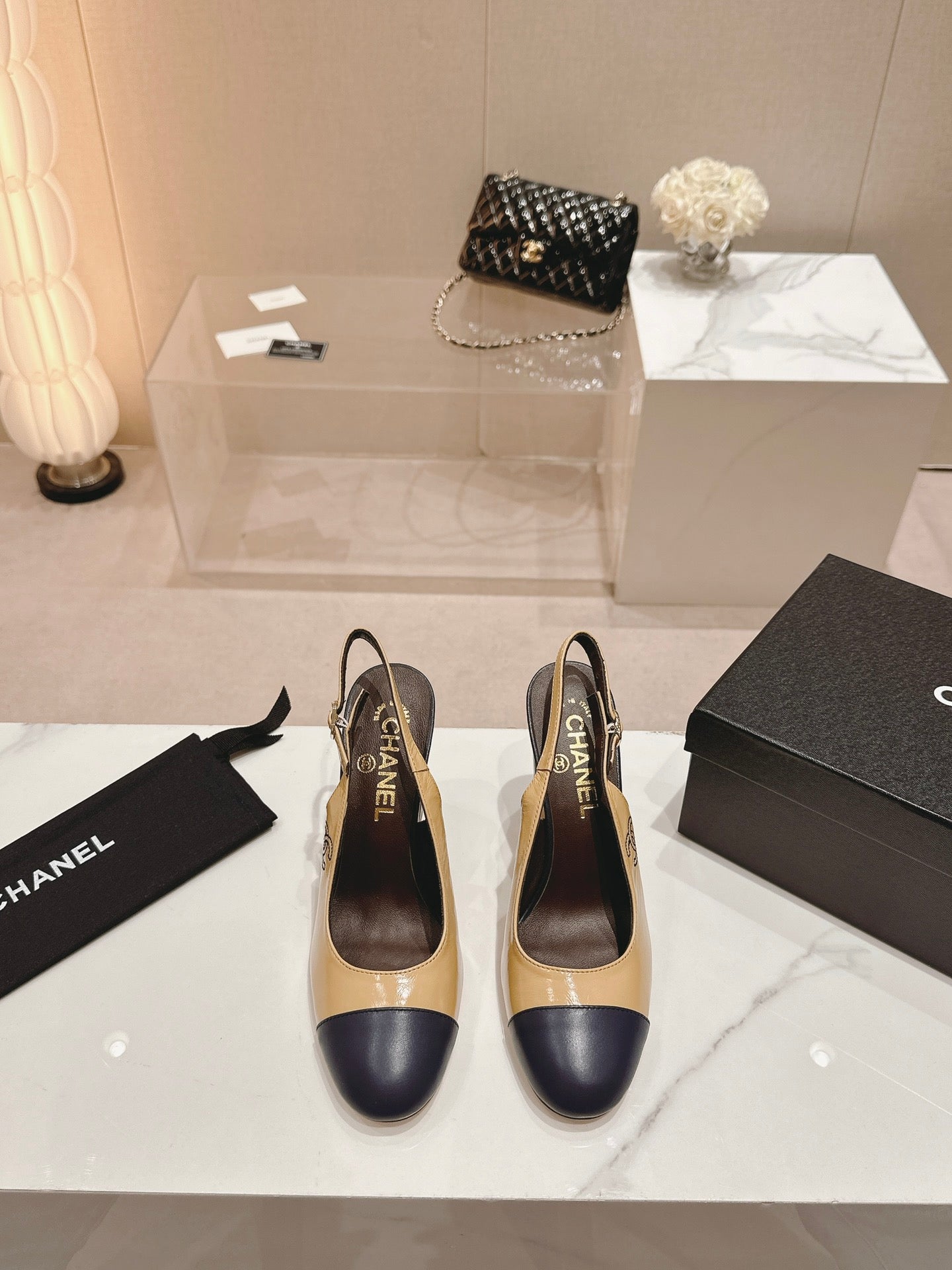 HIGH SLINGBACKS PEANUT BROWN MIX BLACK SHEEPSKIN