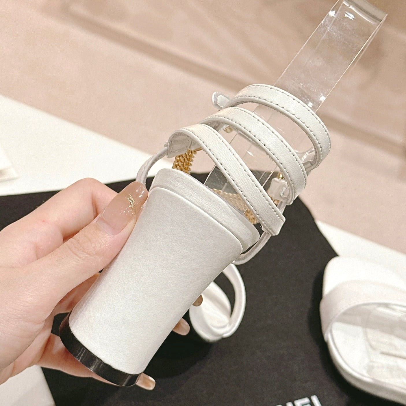 Double C Leather High Heel Sandals White