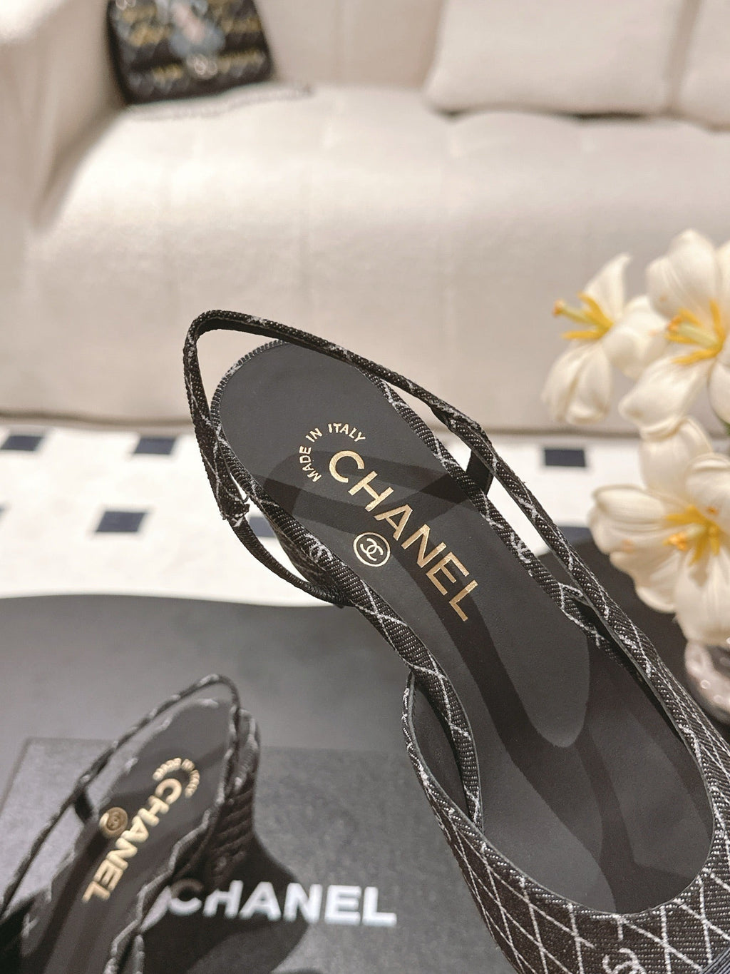 CC SLINGBACK 25S 65 MM IN BLACK DENIM WITH PLAID PATTERN