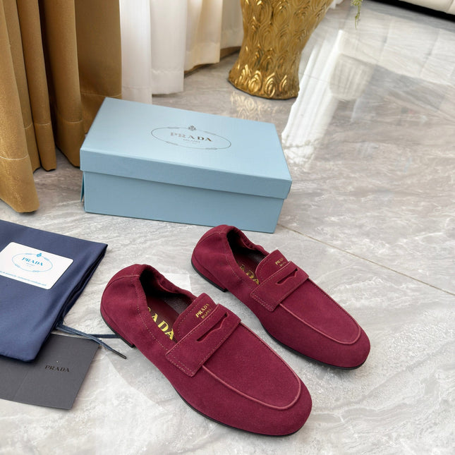 PRADA 25S LOAFERS IN DARK RED SUEDE