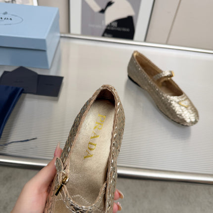 PRADA 26S MARY JANE FLATS IN GOLD WOVEN CALFSKIN