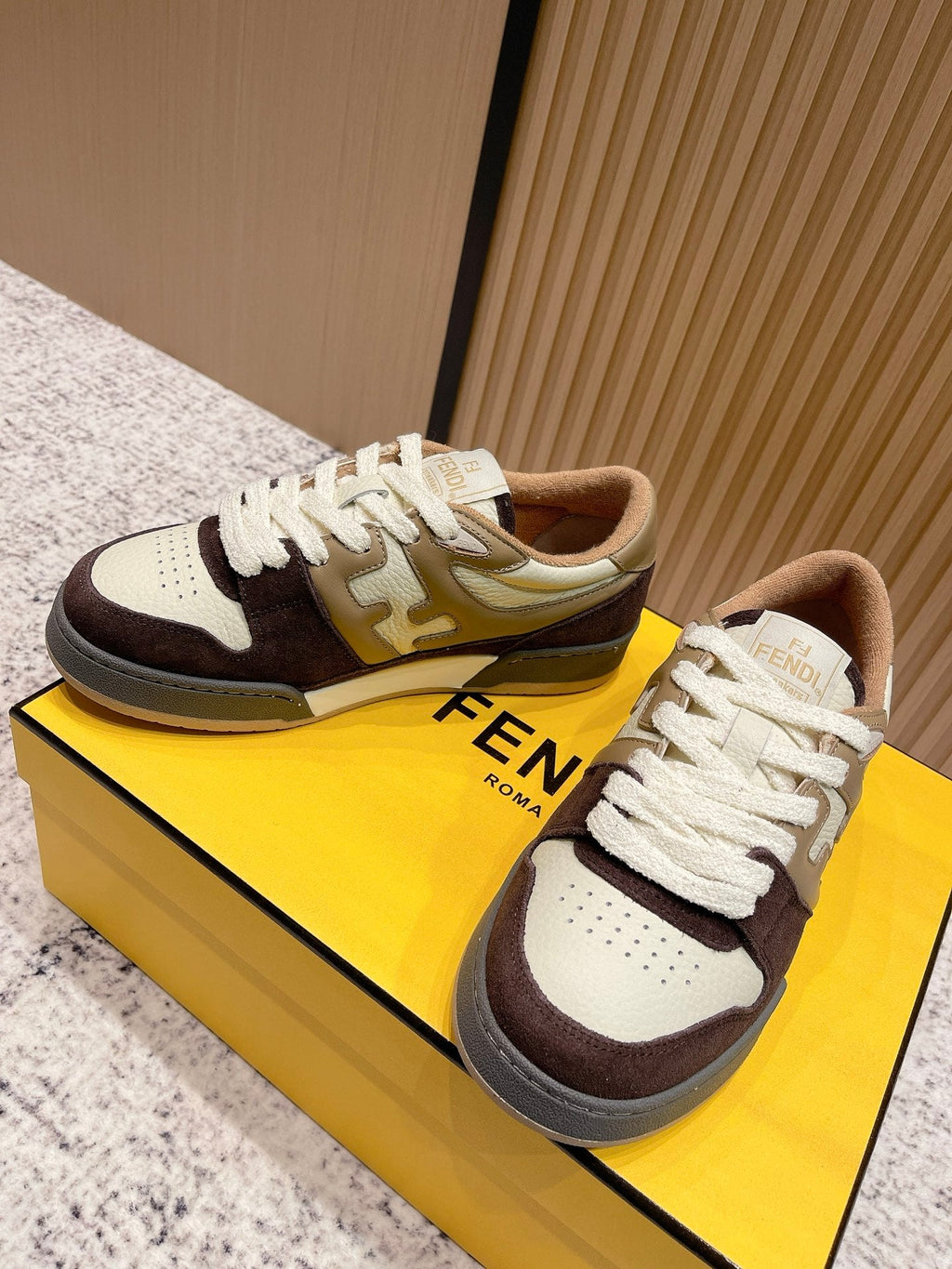 FENDI 25S MATCH SNEAKERS IN BEIGE CALFSKIN AND DARK BROWN SUEDE STYLE 8