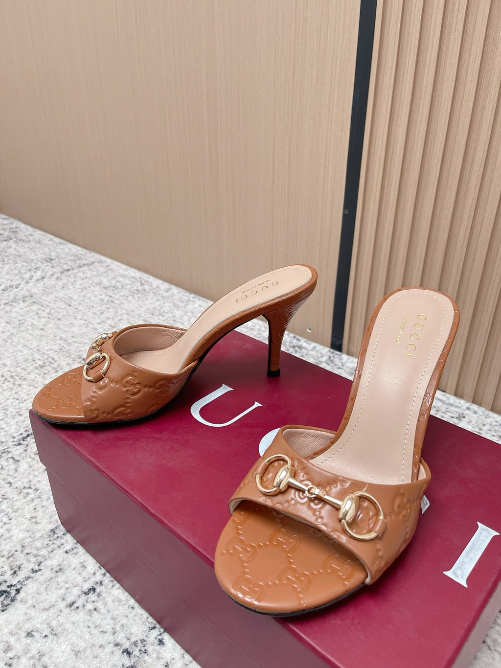 GUCCI 26S HIGH-HEEL SANDALS 85 MM IN LIGHT BROWN CALFSKIN