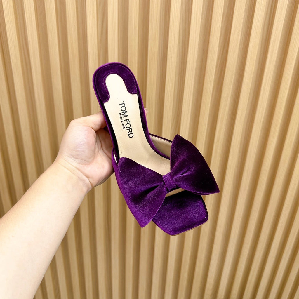 HIGH HEEL 10 MULE IN WINE PURPLE VELVET WITH BOW