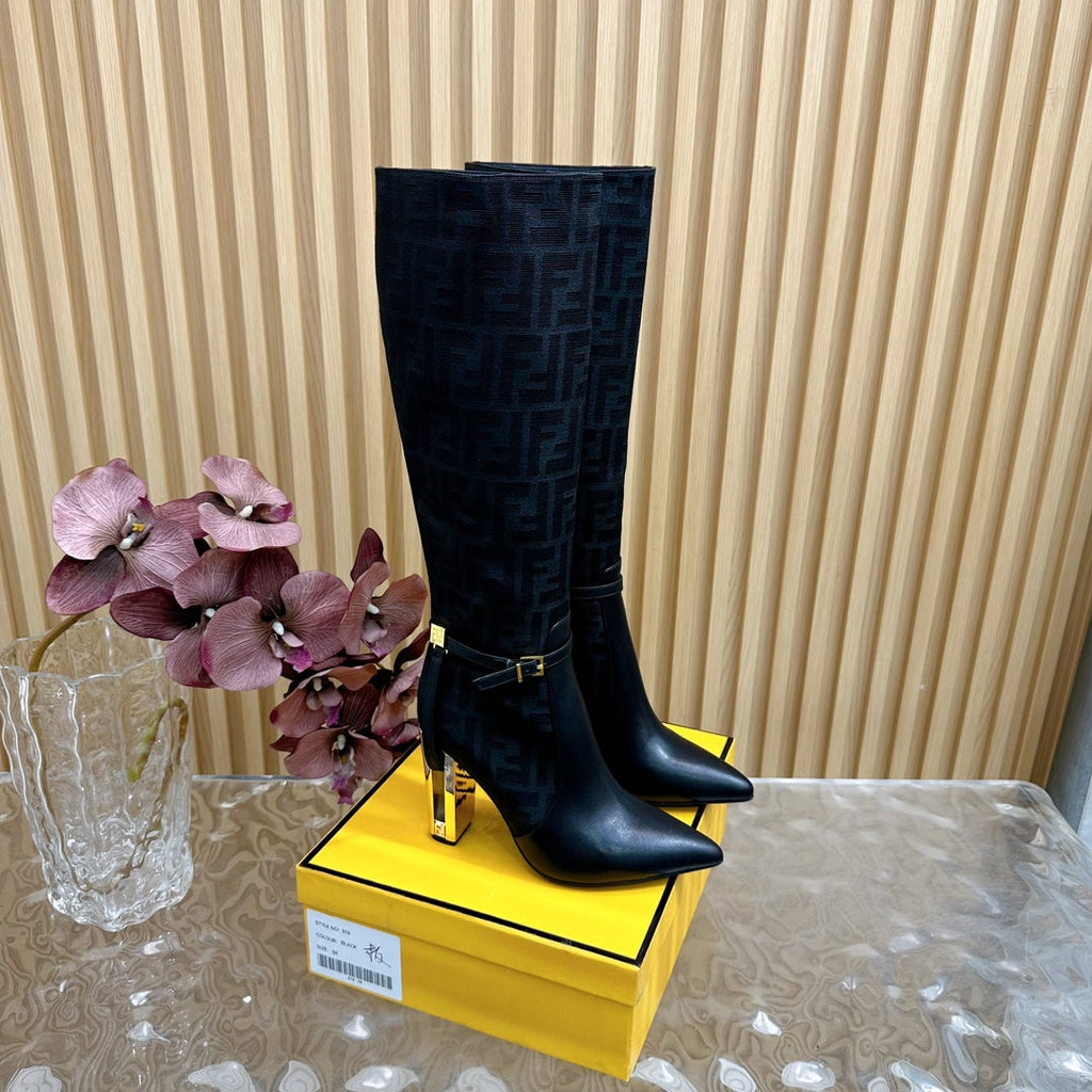 FF BOOTIES HIGH BOOTS IN BLACK CALFSKIN AND MONOGRAM FF FABRIC