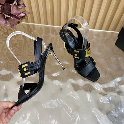 BALMAIN 25S RHINESTONE STILETTO SANDALS 95MM IN BLACK CALFSKIN