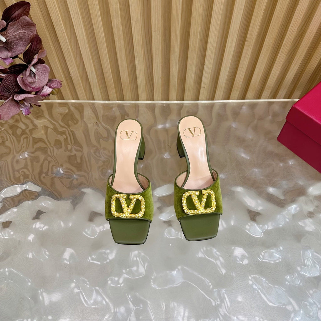 VALENTINO 25S HIGH-HEEL MULES 60 MM IN MOSS GREEN VELVET AND CALFSKIN WITH GOLD HARDWARE