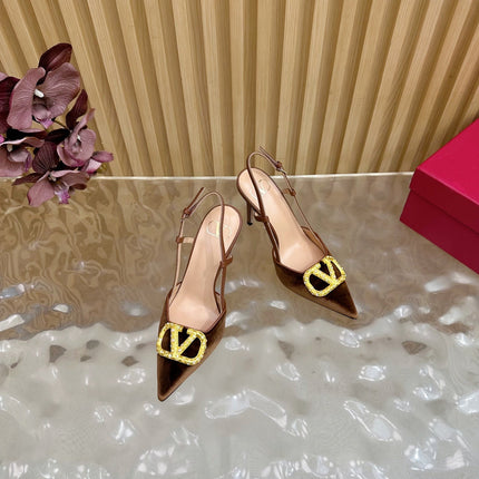 VALENTINO 25S HIGH-HEEL SLINGBACKS IN DARK BROWN VELVET WITH GOLD HARDWARE