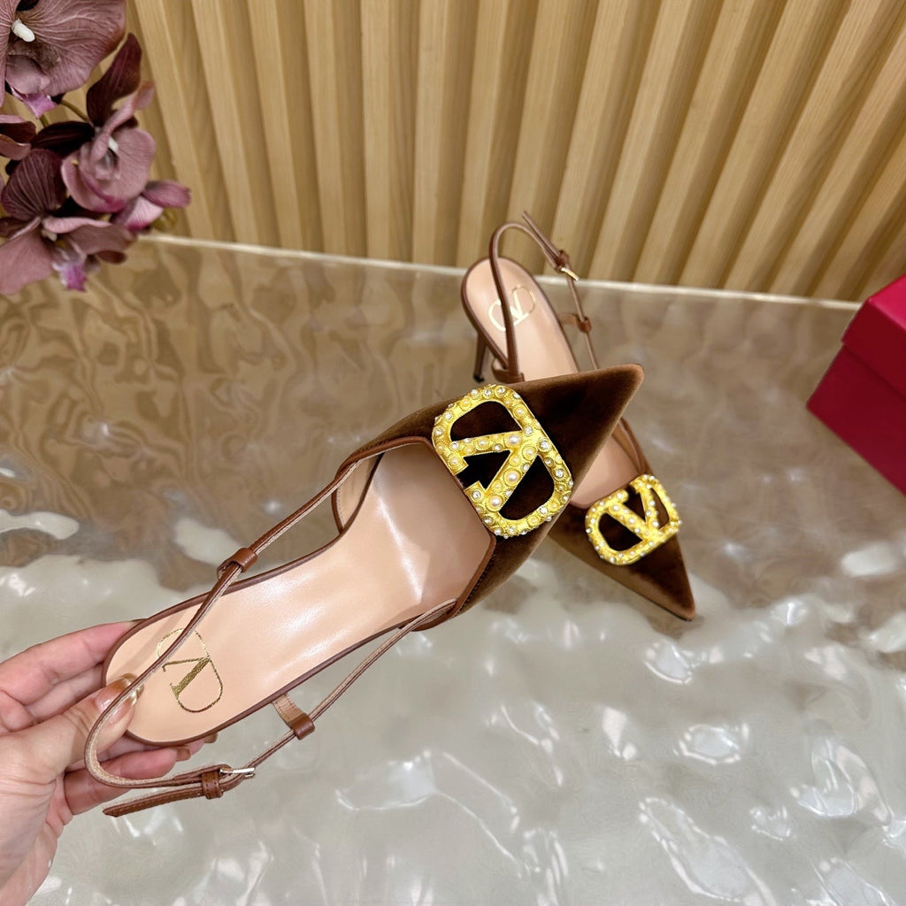 VALENTINO 25S HIGH-HEEL SLINGBACKS IN DARK BROWN VELVET WITH GOLD HARDWARE