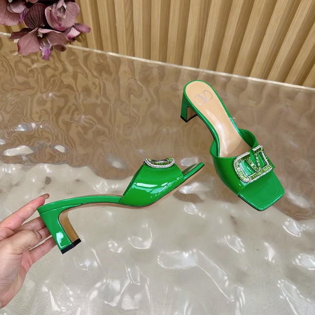 VALENTINO 25S HIGH-HEEL MULES 60 MM IN GREEN PATENT CALFSKIN WITH CRYSTAL-EMBELLISHED STRAP