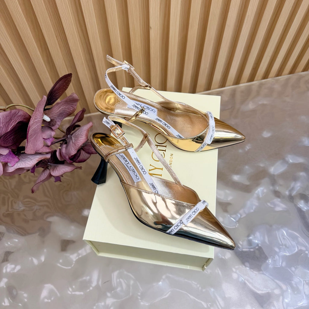 JIMMY CHOO 26S SLINGBACK HEELS 65 MM IN GOLD PATENT CALFSKIN