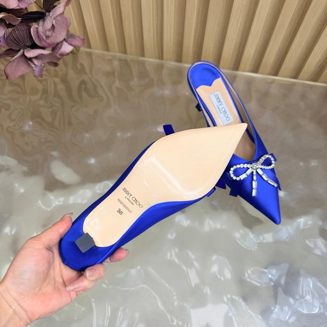 JIMMY CHOO 26S HIGH-HEELED MULES 65 MM IN NAVY BLUE SATIN WITH RHINESTONE BOW