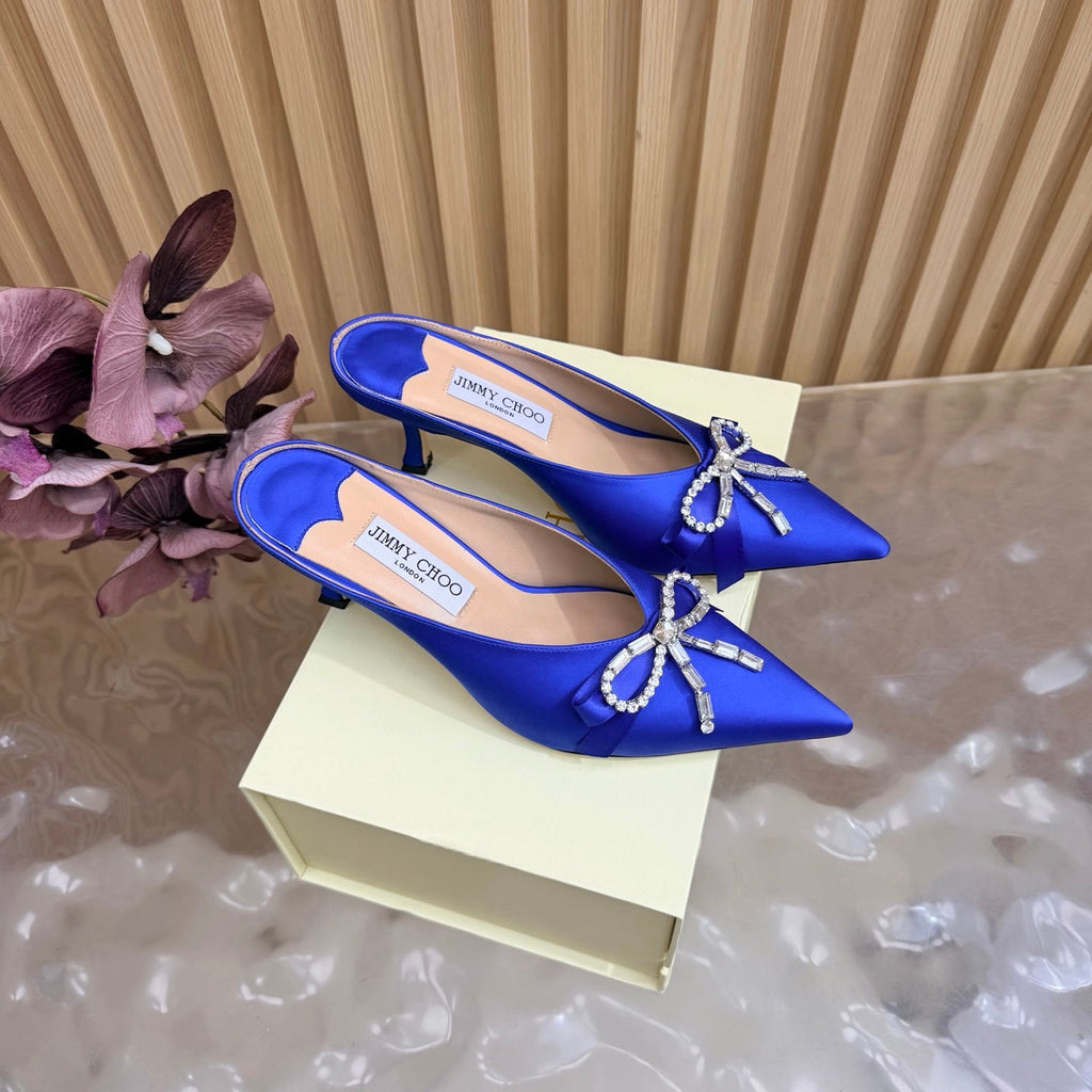 JIMMY CHOO 26S HIGH-HEELED MULES 65 MM IN NAVY BLUE SATIN WITH RHINESTONE BOW