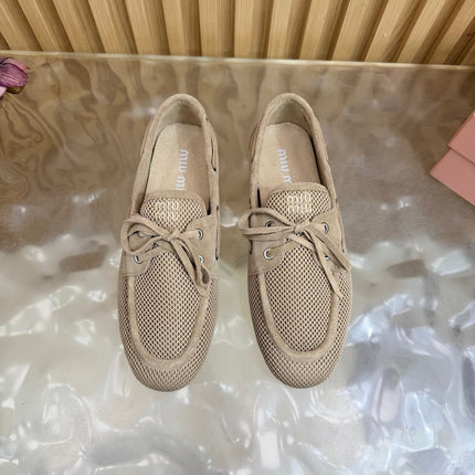 MIU MIU 26S MESH LOAFERS IN CAMEL KNIT FABRIC
