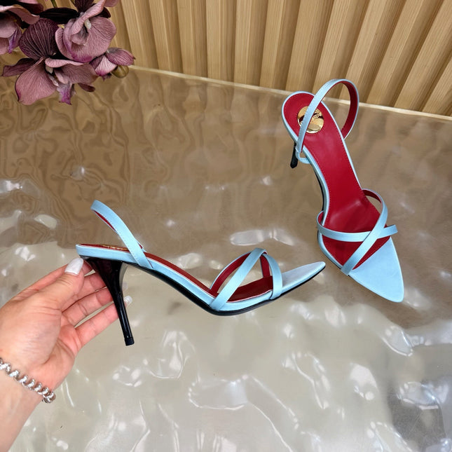 YSL 26S HIGH-HEELED SANDALS 90 MM IN SKY BLUE SATIN
