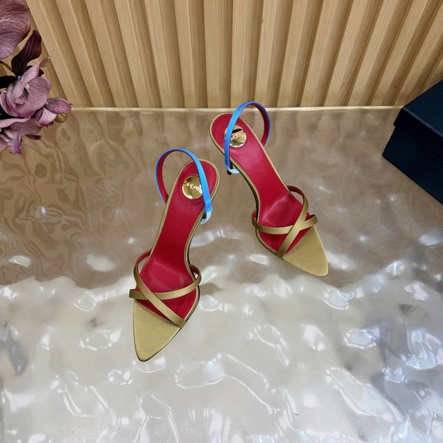 YSL 26S HIGH-HEELED SANDALS 90 MM IN MOSS GREEN SATIN