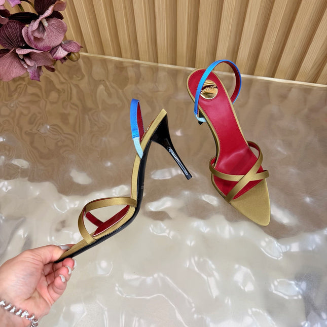 YSL 26S HIGH-HEELED SANDALS 90 MM IN MOSS GREEN SATIN
