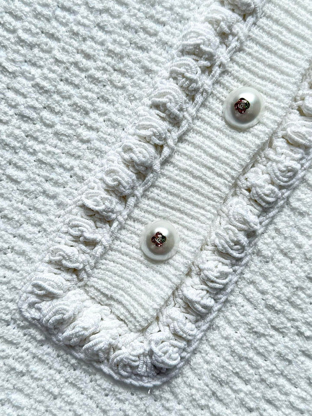 Chanel 25P Long-Sleeve Top White Tweed Pearl Buttons 237299