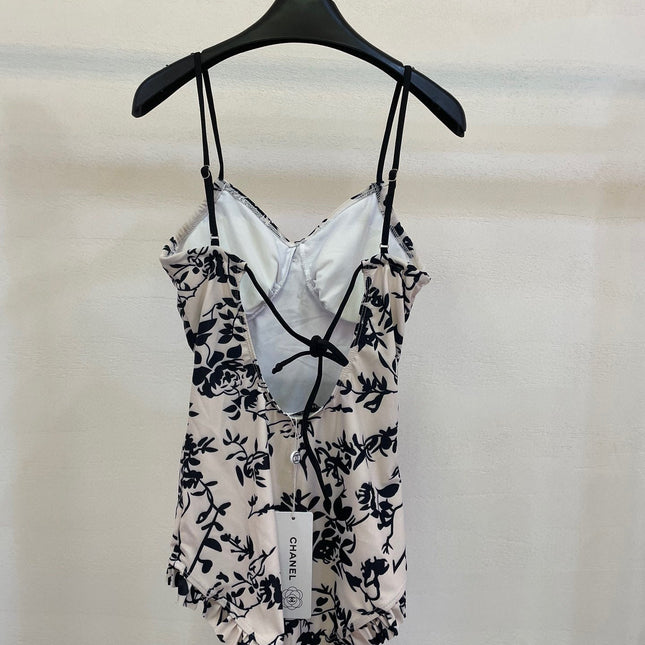 CC BIKINI SWIMSUIT SET IN IVORY WITH BLACK VELVET FLORAL EMBROIDERY 581303