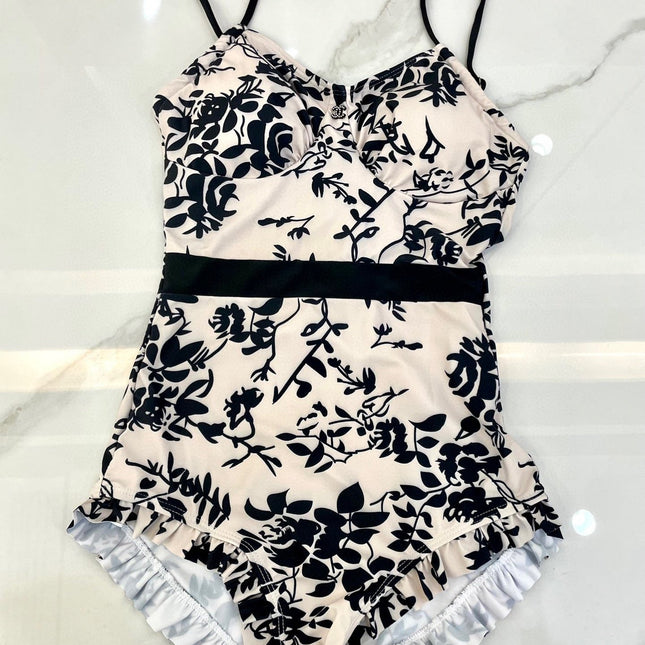 CC BIKINI SWIMSUIT SET IN IVORY WITH BLACK VELVET FLORAL EMBROIDERY 581303