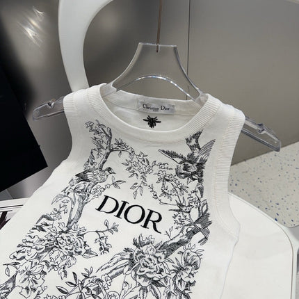 KNITTED TANK TOP 643231 IN WHITE COTTON JERSEY BLACK BIRD AND FLORAL PATTERN