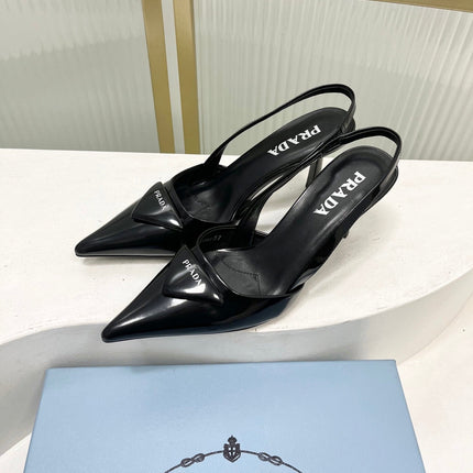 PRADA 26S SLINGBACK HIGH HEEL SANDALS 75MM IN BLACK CALFSKIN WITH LOGO