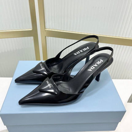 PRADA 26S SLINGBACK HIGH HEEL SANDALS 75MM IN BLACK CALFSKIN WITH LOGO