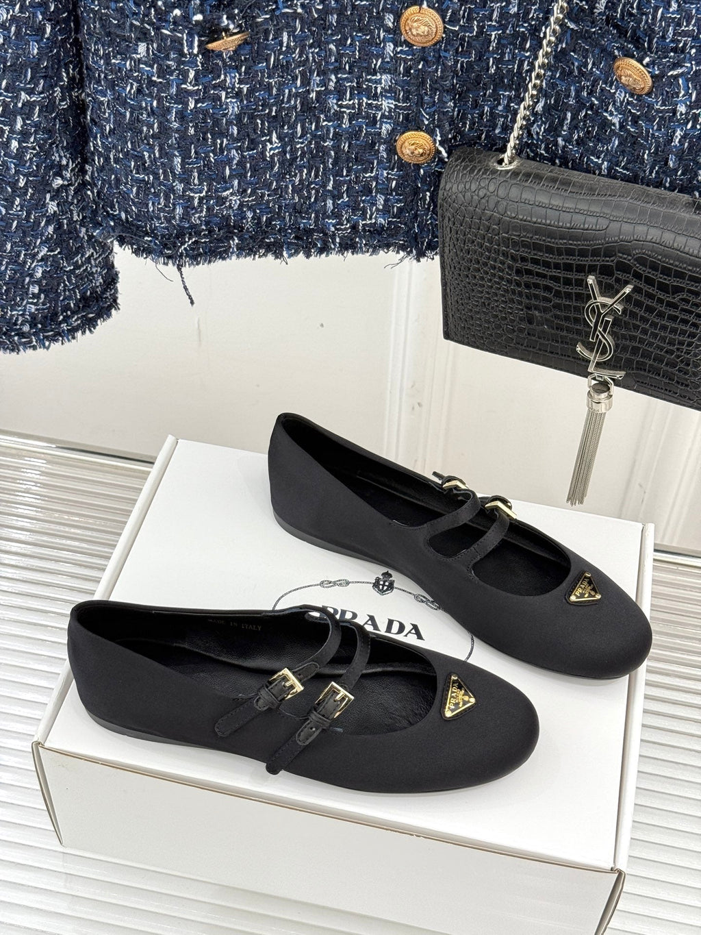 PRADA 25S DOUBLE STRAP BALLERINAS IN BLACK SATIN