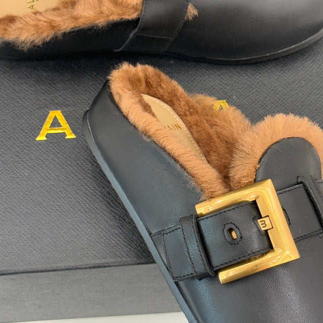 BALMAIN 26S ANTHEM MULES IN BLACK CALFSKIN