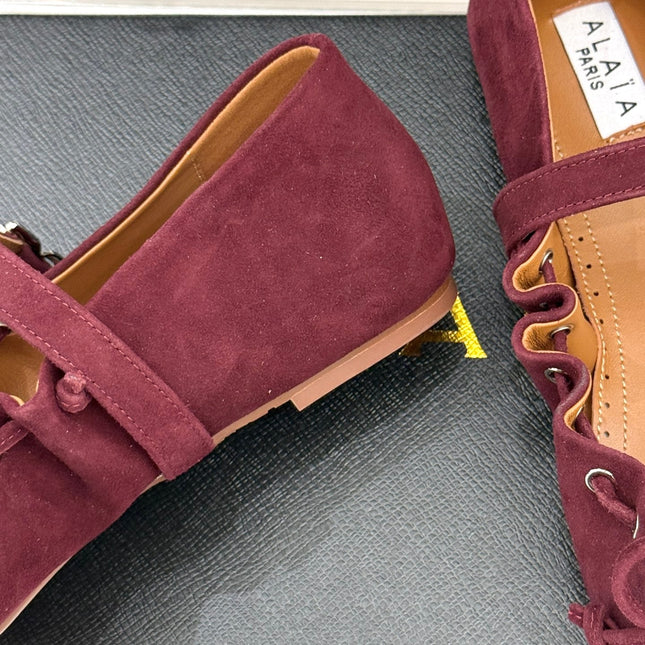 ALAIA 26S MARY JANE FLATS IN DARK RED SUEDE WITH BOW