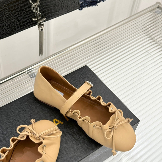 ALAIA 26S MARY JANE FLATS IN LIGHT YELLOW BEIGE LAMBSKIN WITH BOW