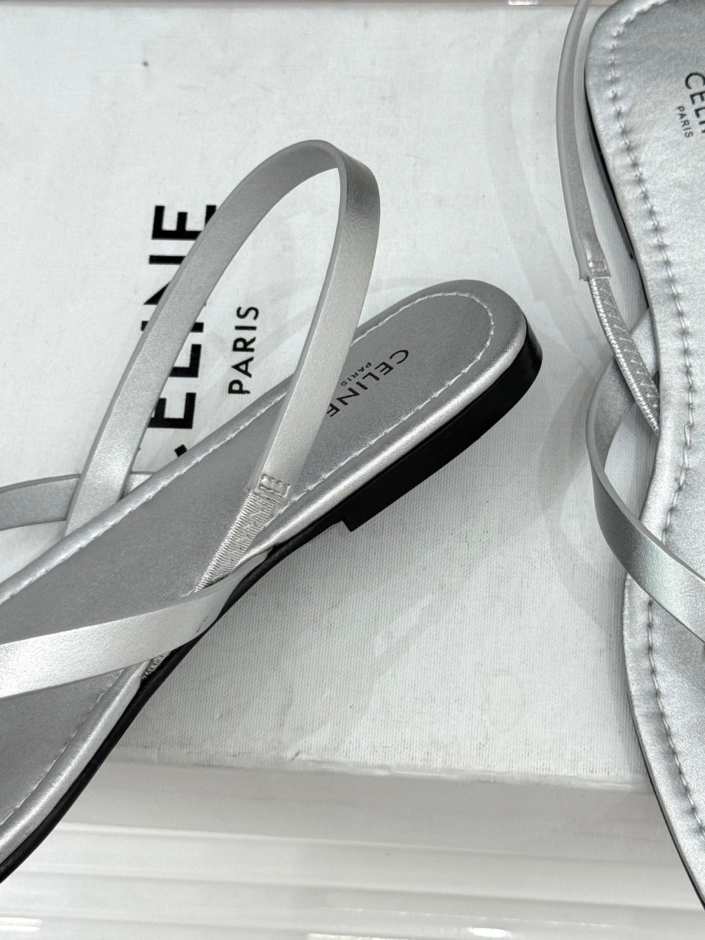 CELINE 26S THONG SANDALS IN SILVER CALFSKIN