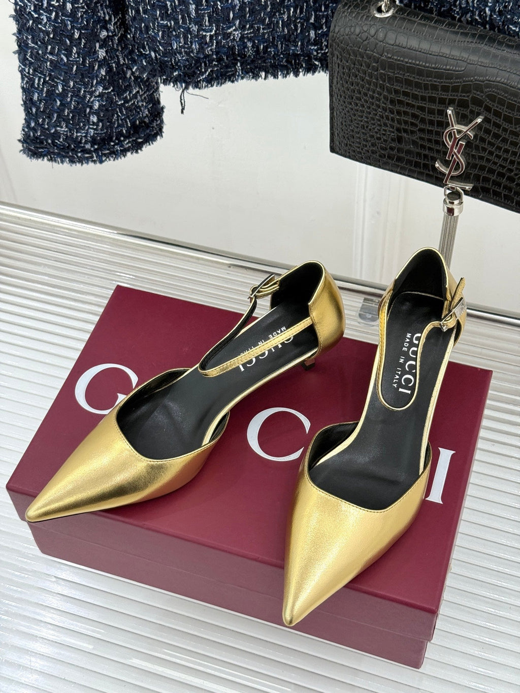 GUCCI 26S HIGH HEELS 55 MM IN GOLD LAMBSKIN
