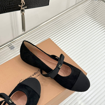 GIANVITO ROSSI 26S MARY JANE FLATS IN BLACK SUEDE AND FABRIC