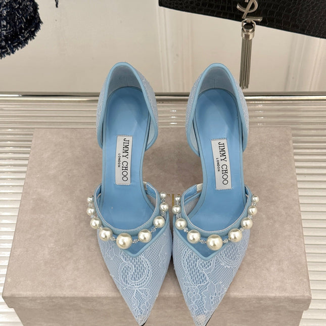 JIMMY CHOO 26S HIGH HEELS 85 MM IN SKY BLUE LACE PEARL-EMBELLISHED