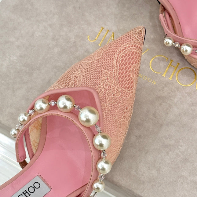 JIMMY CHOO 26S HIGH HEELS 85 MM IN LIGHT PINK LACE PEARL-EMBELLISHED
