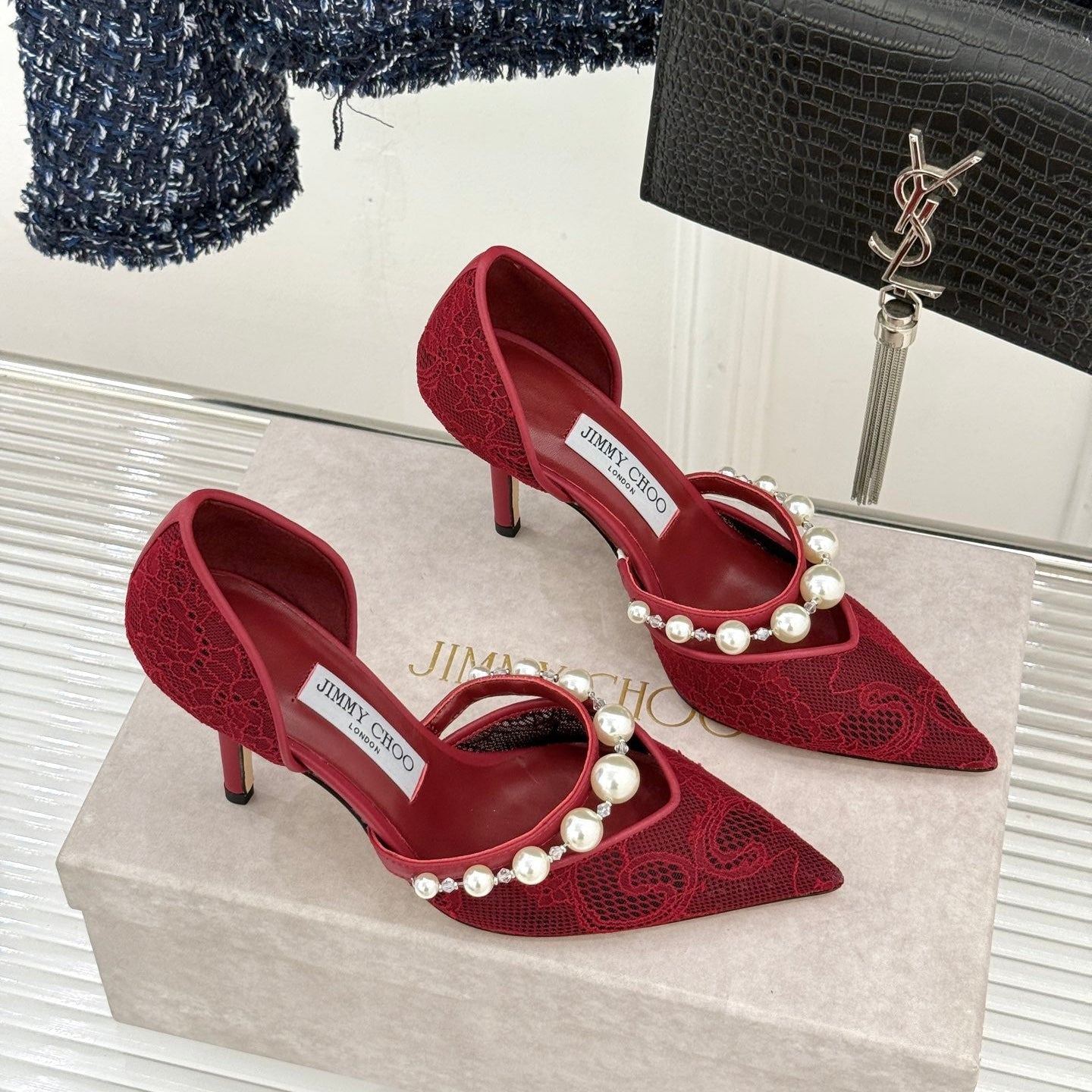 JIMMY CHOO 26S HIGH HEELS 85 MM IN DARK RED LACE PEARL-EMBELLISHED