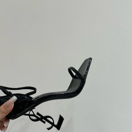 YSL HEELED SANDALS 25S 105 MM IN BLACK GLOSSY LAMBSKIN