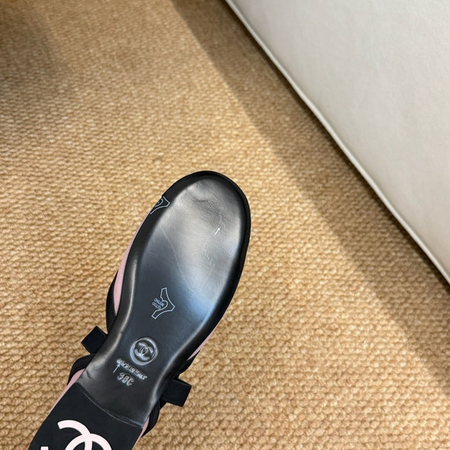 CHANEL 26S MARY JANE FLATS IN PINK AND BLACK MESH RIBBON STRAP CAP TOE