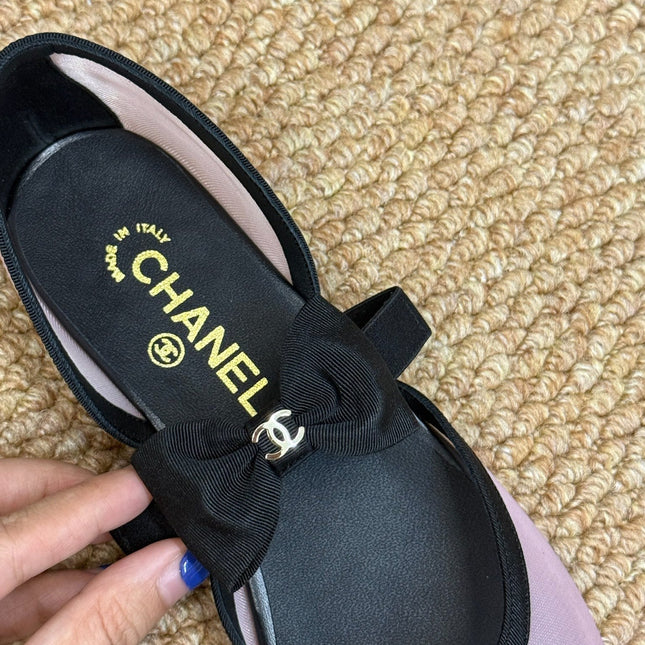 CHANEL 26S MARY JANE FLATS IN PINK AND BLACK MESH RIBBON STRAP CAP TOE