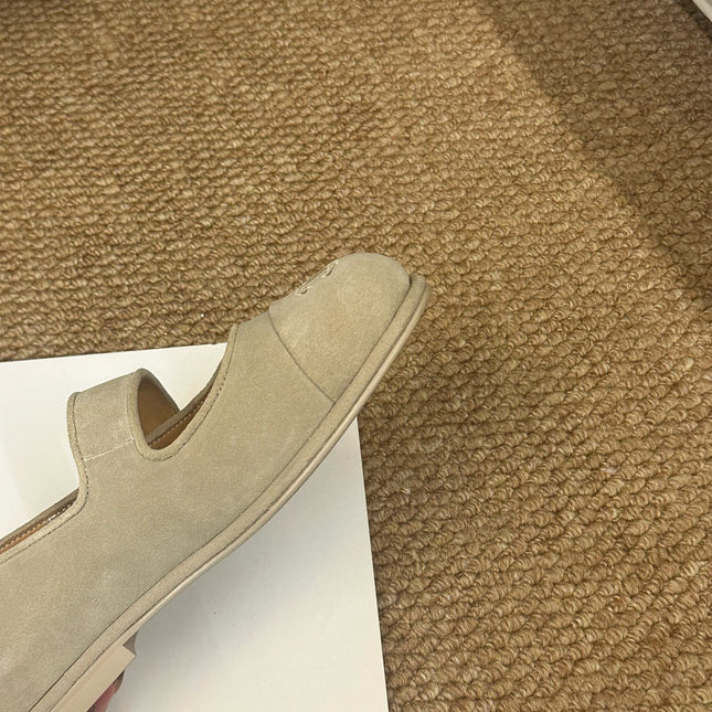 CHANEL 26S MARY JANE FLATS IN BEIGE SUEDE CC LOGO