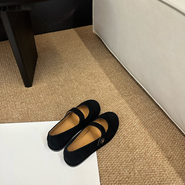 CHANEL 26S MARY JANE FLATS IN BLACK SUEDE CC LOGO