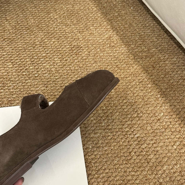 CHANEL 26S MARY JANE FLATS IN BROWN SUEDE SHEARLING LINING