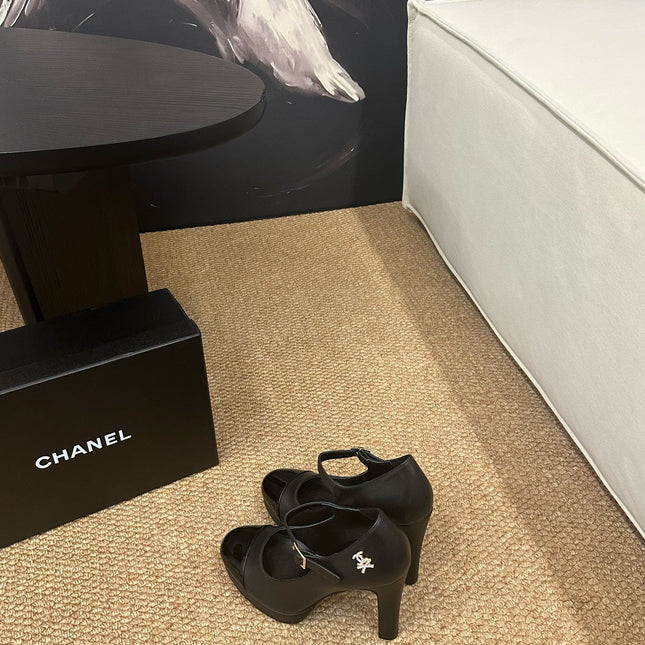 CHANEL 26S MARY JANE HEELS IN BLACK CALFSKIN CAP TOE