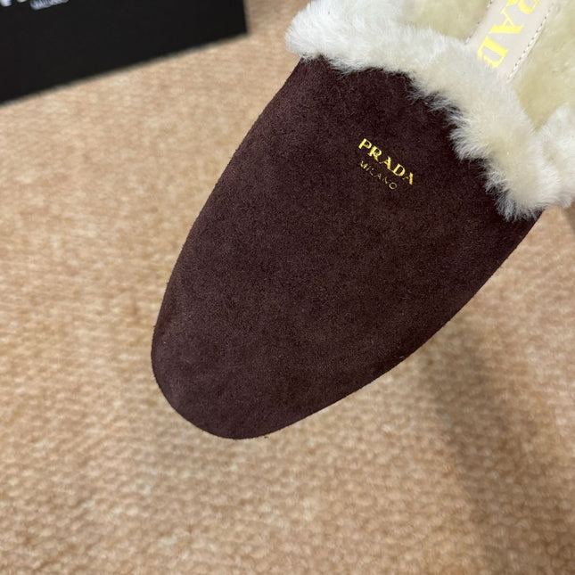 PRADA 26S SHEARLING MULE SLIPPERS IN CHOCOLATE BROWN SUEDE