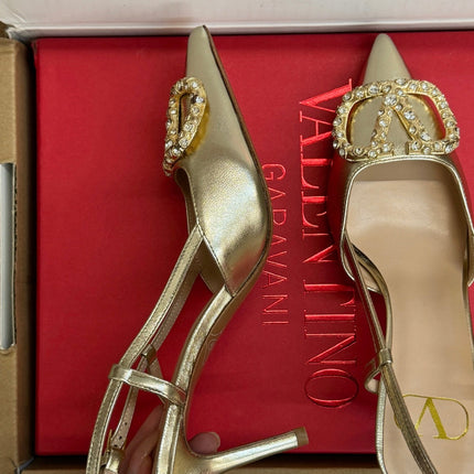 VALENTINO 26S HIGH HEEL SLINGBACKS IN METALLIC GOLD CALFSKIN WITH CRYSTAL