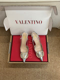 VALENTINO 26S HIGH HEEL SLINGBACKS IN METALLIC SILVER CALFSKIN WITH CRYSTAL